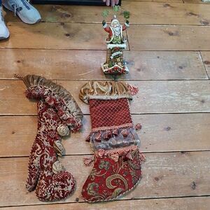 Vintage Chateau brocade/velevet/satin stockings-2 plus Santa stocking holder-3pc